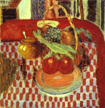 皮耶 勃納爾 Basket and Plate of Fruit on a Red-Checkered Tablecloth